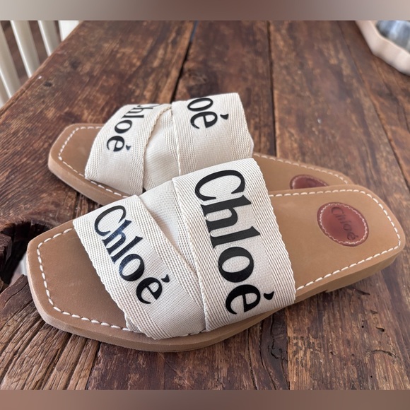 Chloé Woody Flat Logo Ribbon Slide Sandals